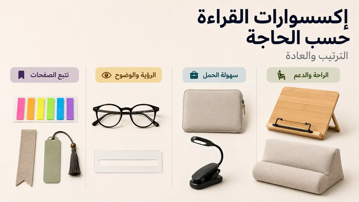 إكسسوارات قراءة مجمعة حسب الحاجة مثل الراحة وسهولة الحمل والوضوح وتتبع الصفحات
