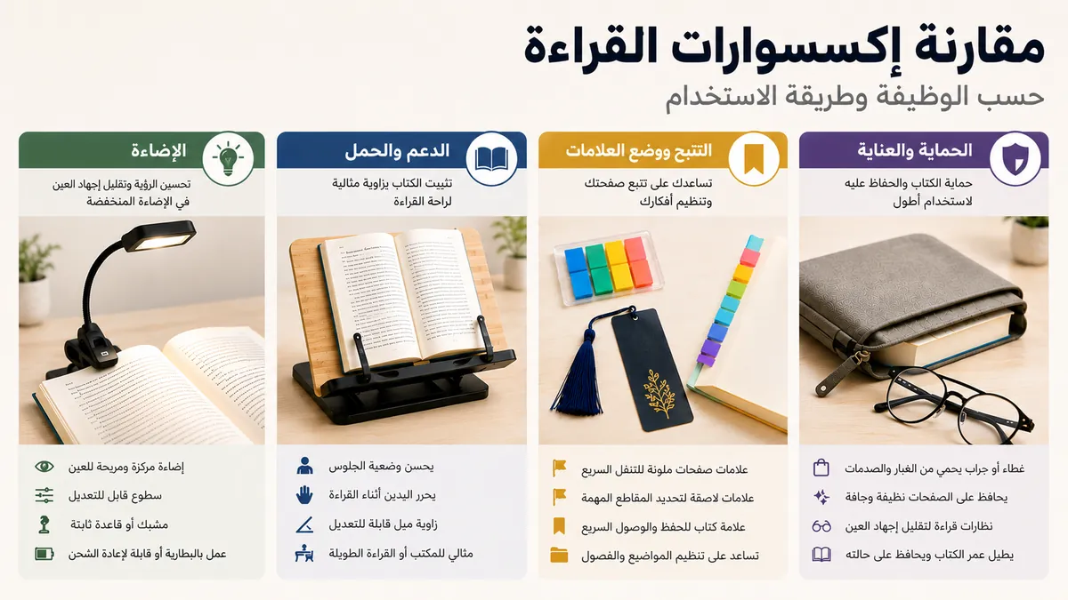 مقارنة إكسسوارات القراءة حسب الوظيفة مع خيارات للإضاءة والدعم والتتبع والحماية
