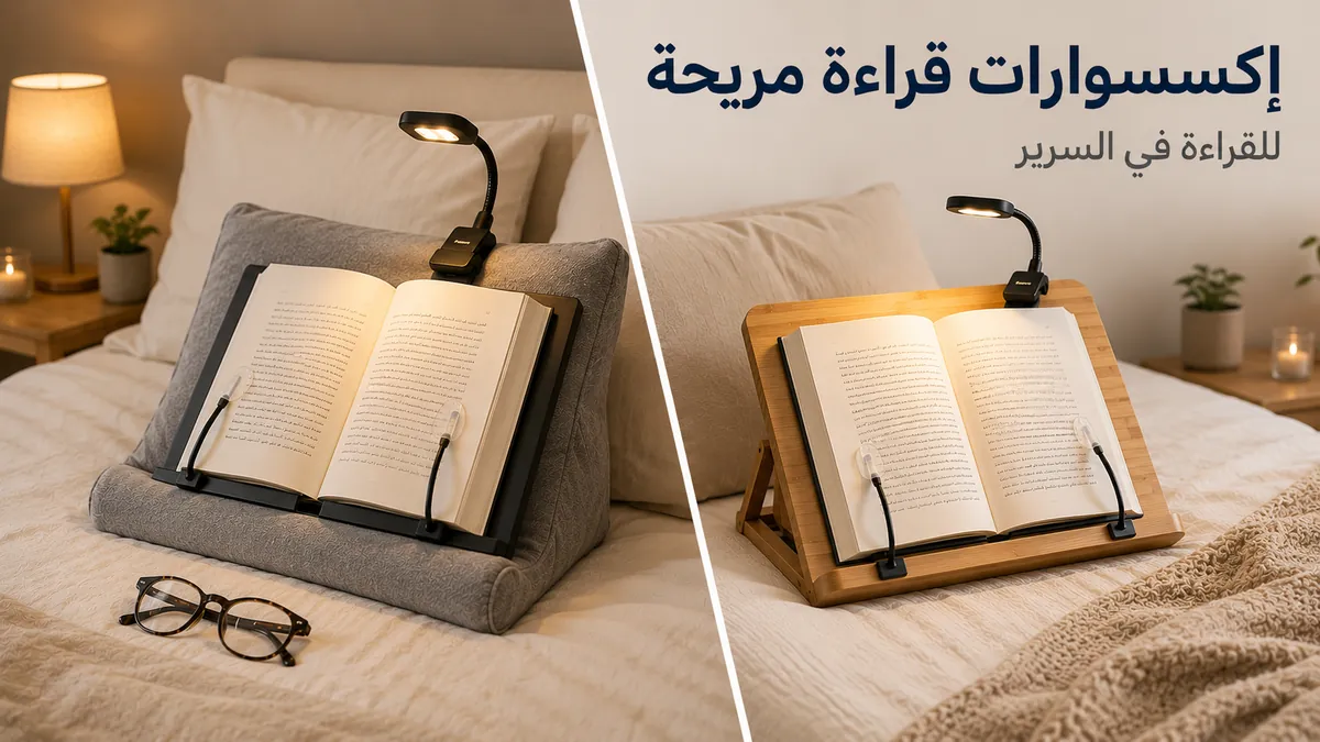 إعداد للقراءة في السرير مع إكسسوارات قراءة دون استخدام اليدين لدعم الكتاب براحة