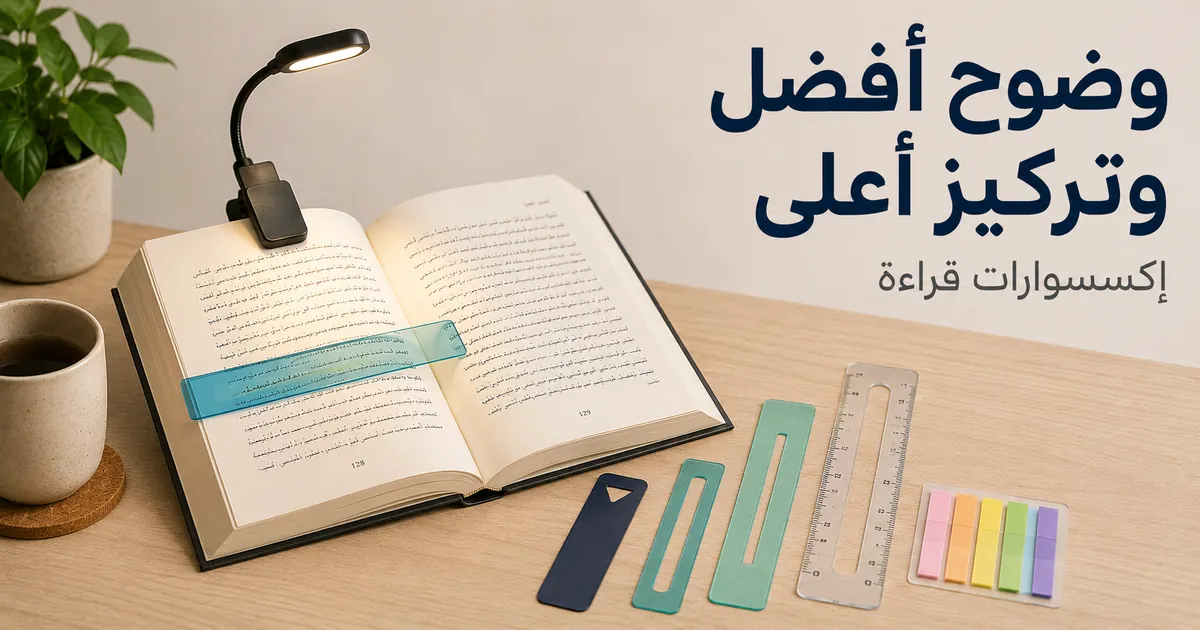 إكسسوارات قراءة تساعد على رؤية الصفحة بوضوح أكبر، مع مصباح كتاب وأدوات لتتبع السطر