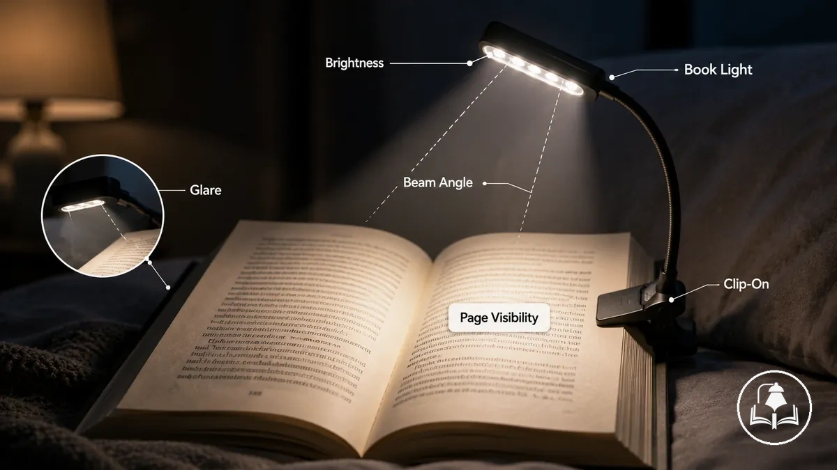 Buchlampe beleuchtet eine offene Seite für das Lesen bei schwachem Licht.