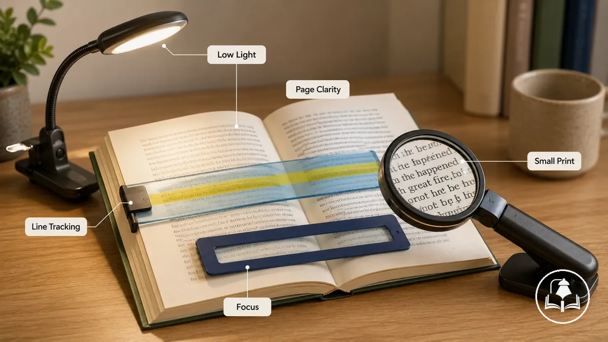 Diagramm, das zeigt, wie Leselampen, Zeilenführungshilfen und Lupen eine Leseseite unterstützen.
