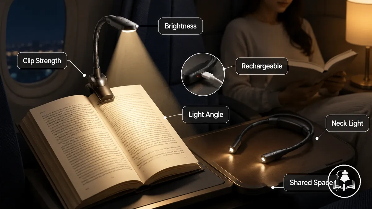 Tragbare Buchlampe, die für das Lesen bei schwachem Licht unterwegs an ein Buch geklemmt ist