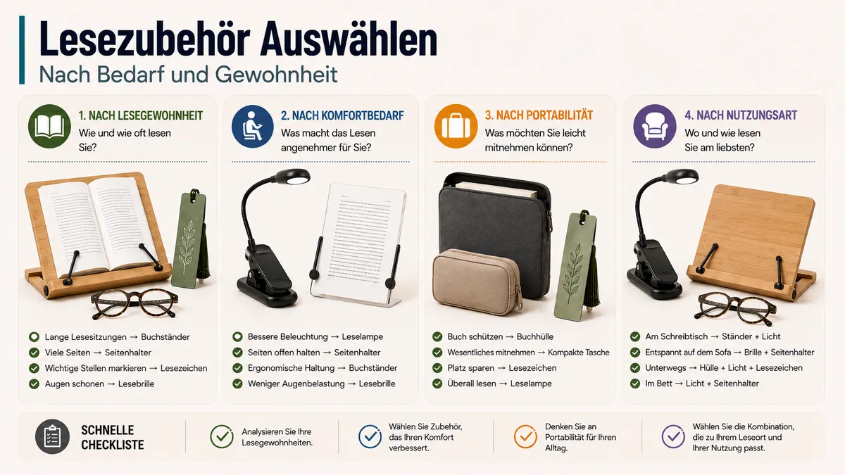 Lesezubehör gruppiert nach Lesegewohnheit, Komfortbedarf, Mobilität und Art der Nutzung