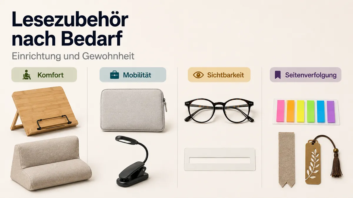 Lesezubehör nach Bedarf gruppiert, darunter Komfort, Mobilität, Sichtbarkeit und Seitenverfolgung