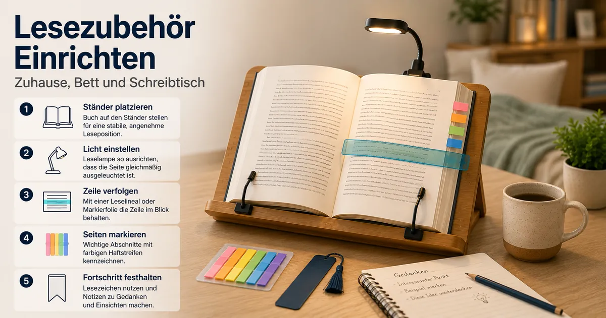 Praktische Einrichtung von Lesezubehör für Zuhause mit Stütze, Beleuchtung und Hilfen zur Seitenverfolgung