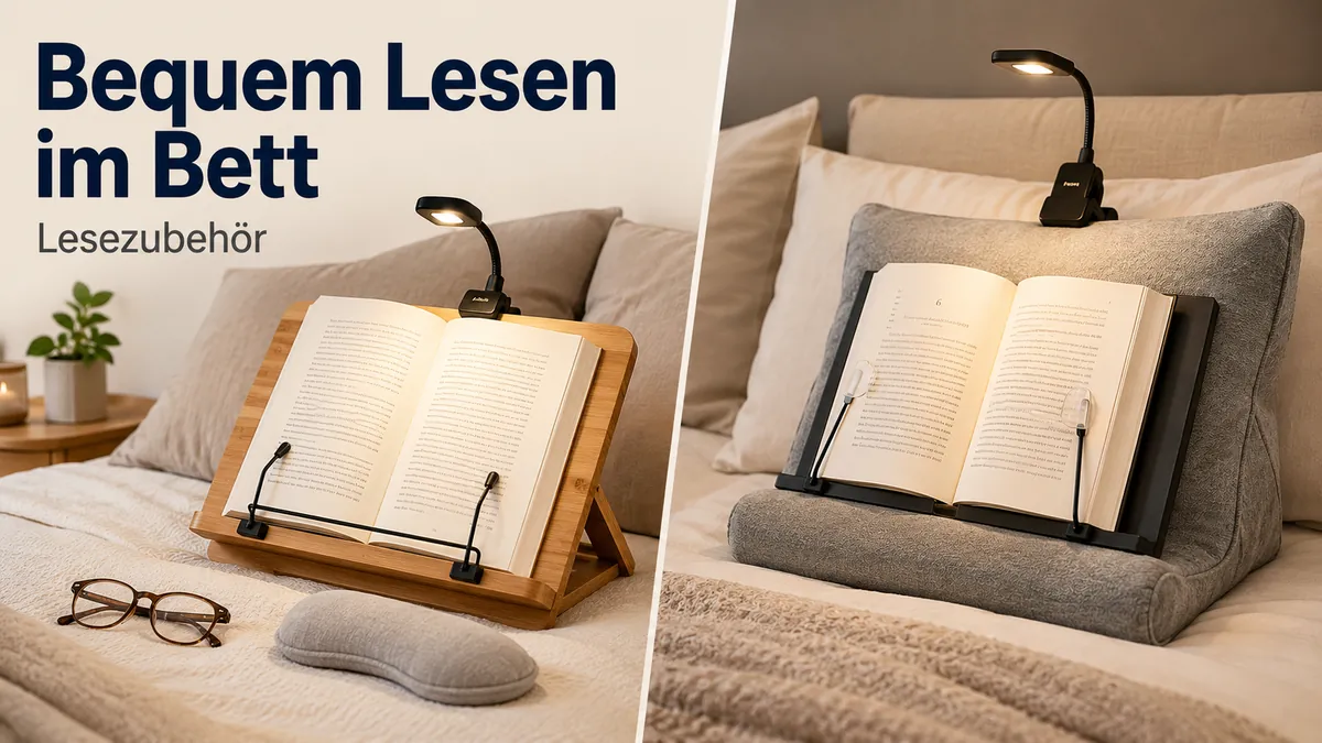 Lesesituation im Bett mit Lesezubehör, das das Buch bequem stützt