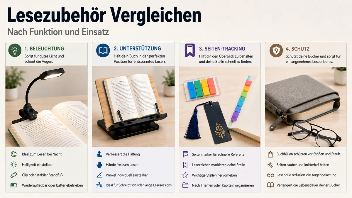 Lesezubehör nach Funktion verglichen, mit Optionen für Beleuchtung, Stütze, Seitenverfolgung und Schutz