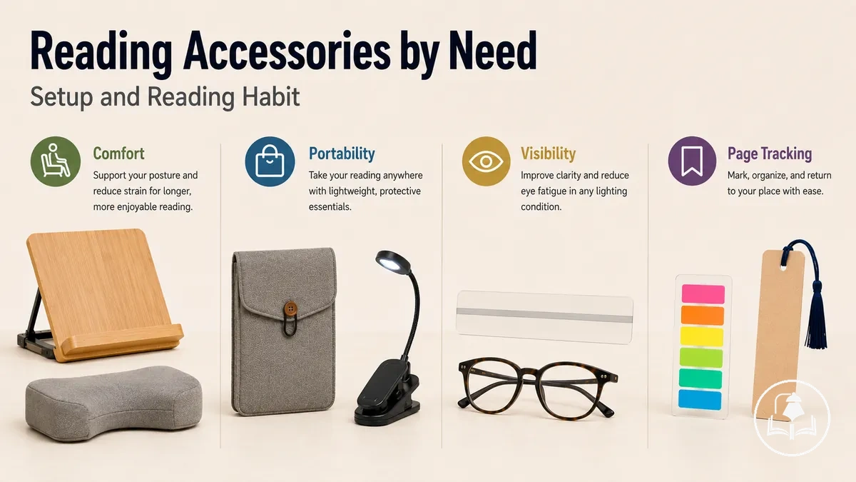 Reading accessories grouped by need, including comfort, portability, visibility, and page tracking options