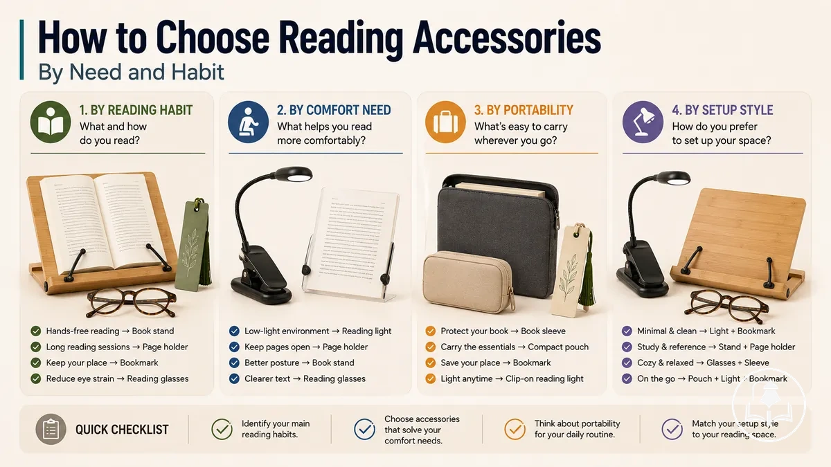 Reading accessories grouped for selection by reading habit, comfort need, portability, and setup style