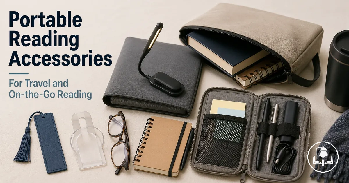 Portable reading accessories packed for travel with compact tools for reading on the go