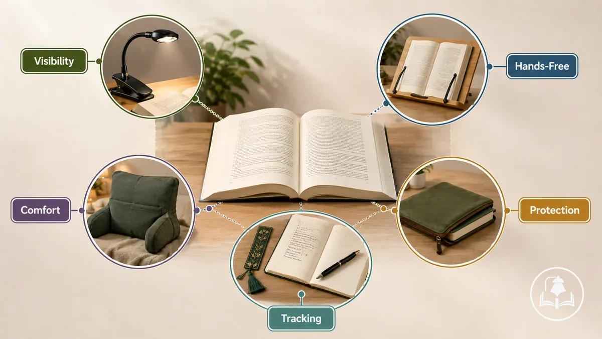 Diagram showing main reading accessory functions including visibility, hands-free support, comfort, protection, and tracking