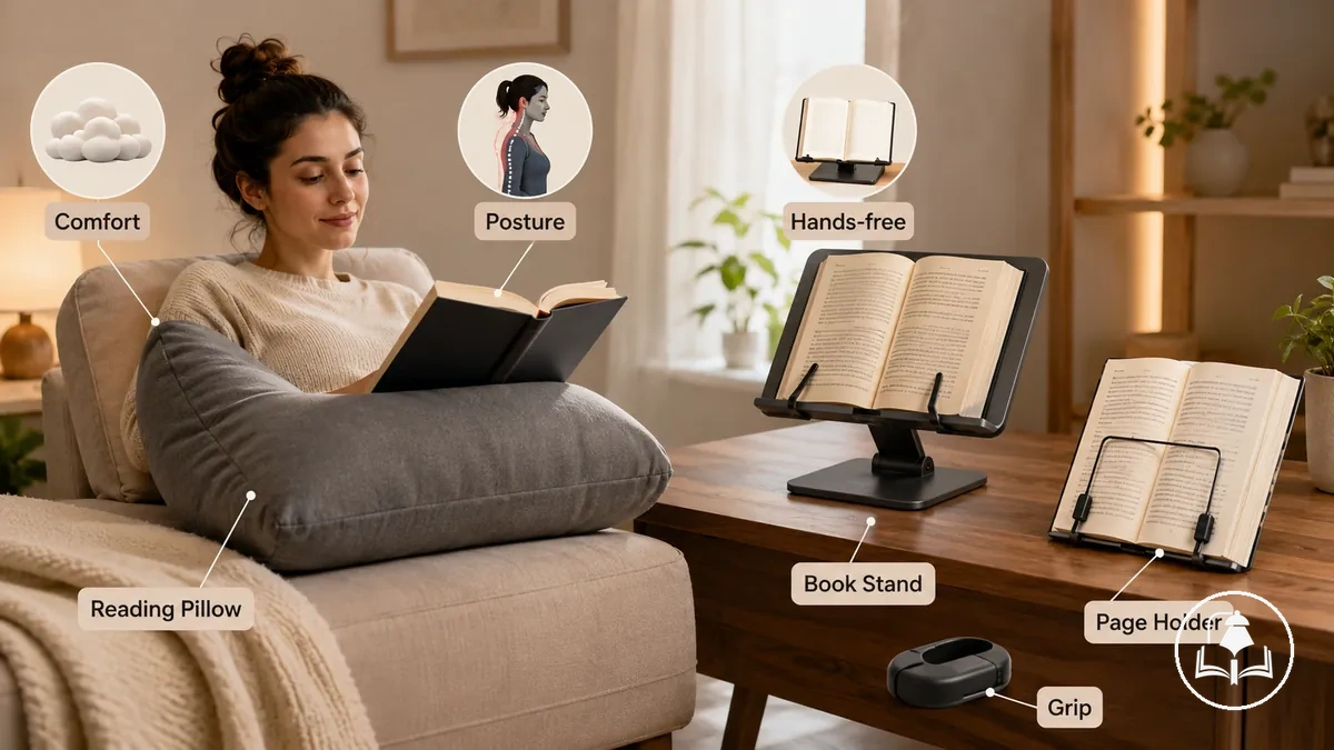 Reading setup showing comfort posture and hands-free support accessories for longer reading sessions