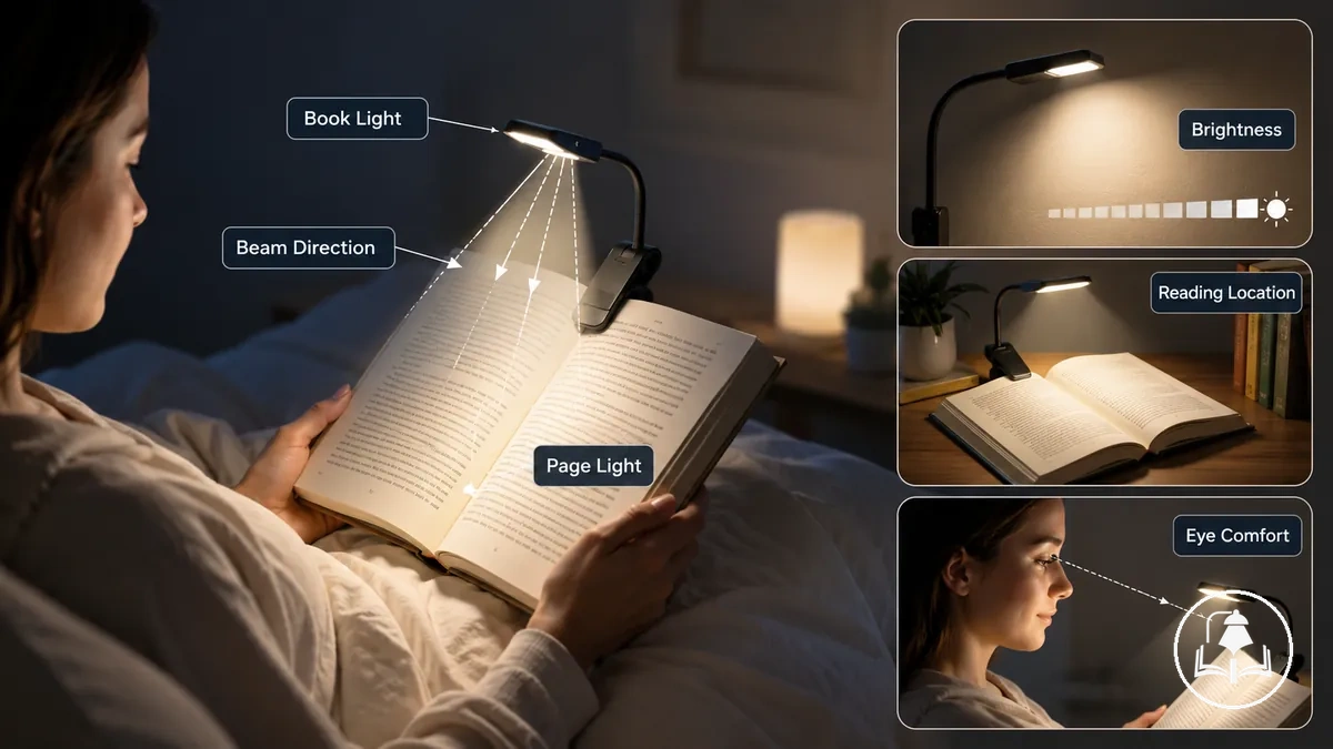 Reading setup showing book light illuminating pages with adjustable beam direction and visibility control