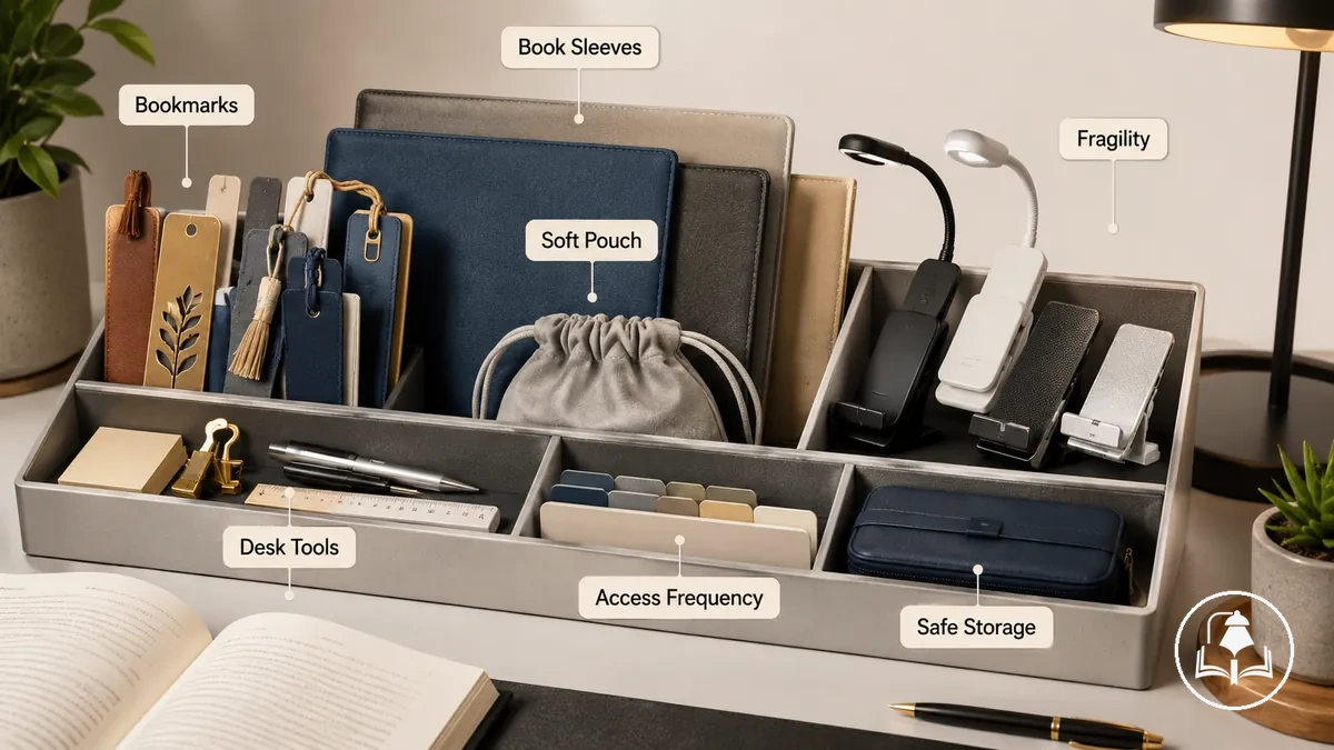 reading accessory storage with bookmarks book sleeves lights stands pouches and desk tools arranged safely