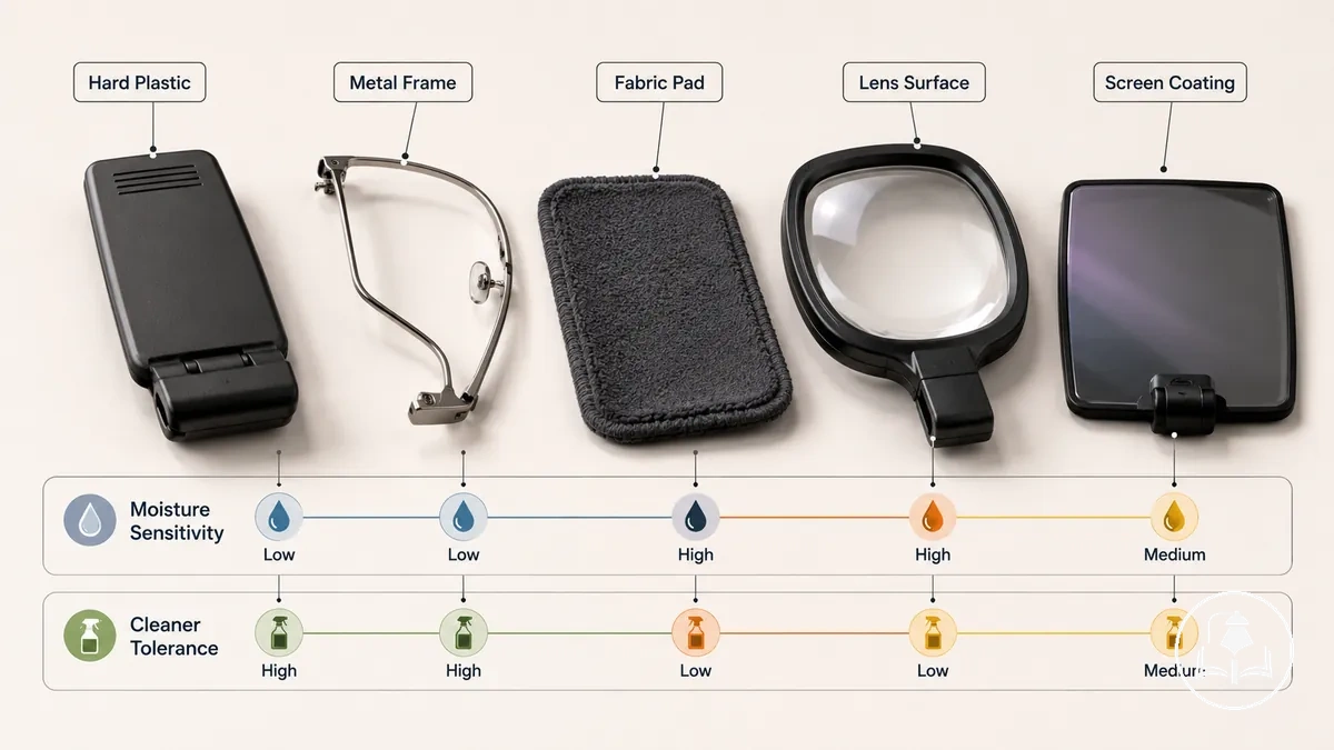 Materiales de accesorios de lectura etiquetados por tipo de superficie para decisiones seguras de limpieza