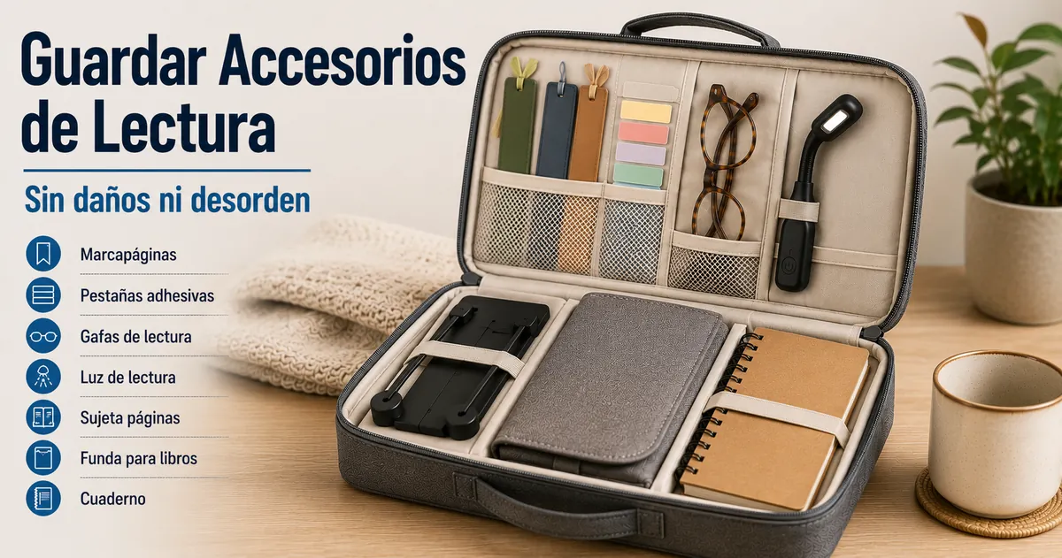 Accesorios de lectura guardados de forma ordenada en un organizador compacto para evitar daños y desorden