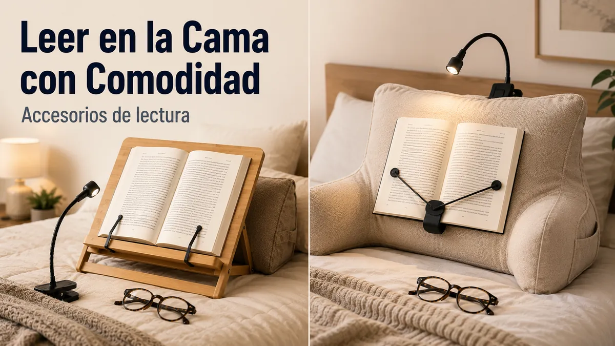 Montaje para leer en la cama con accesorios de lectura que ayudan a sujetar el libro cómodamente