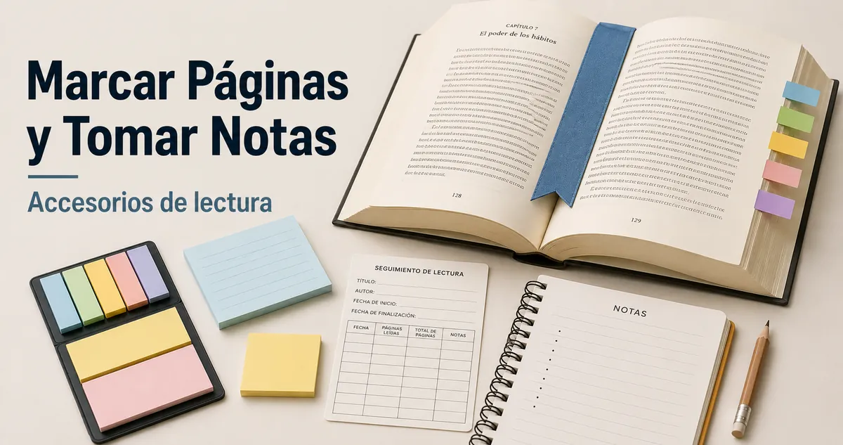 Accesorios para marcar páginas, seguir el progreso de lectura y tomar notas junto a un libro abierto