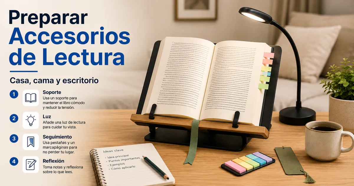 Preparación práctica de accesorios de lectura para leer en casa con soporte, iluminación y seguimiento de página