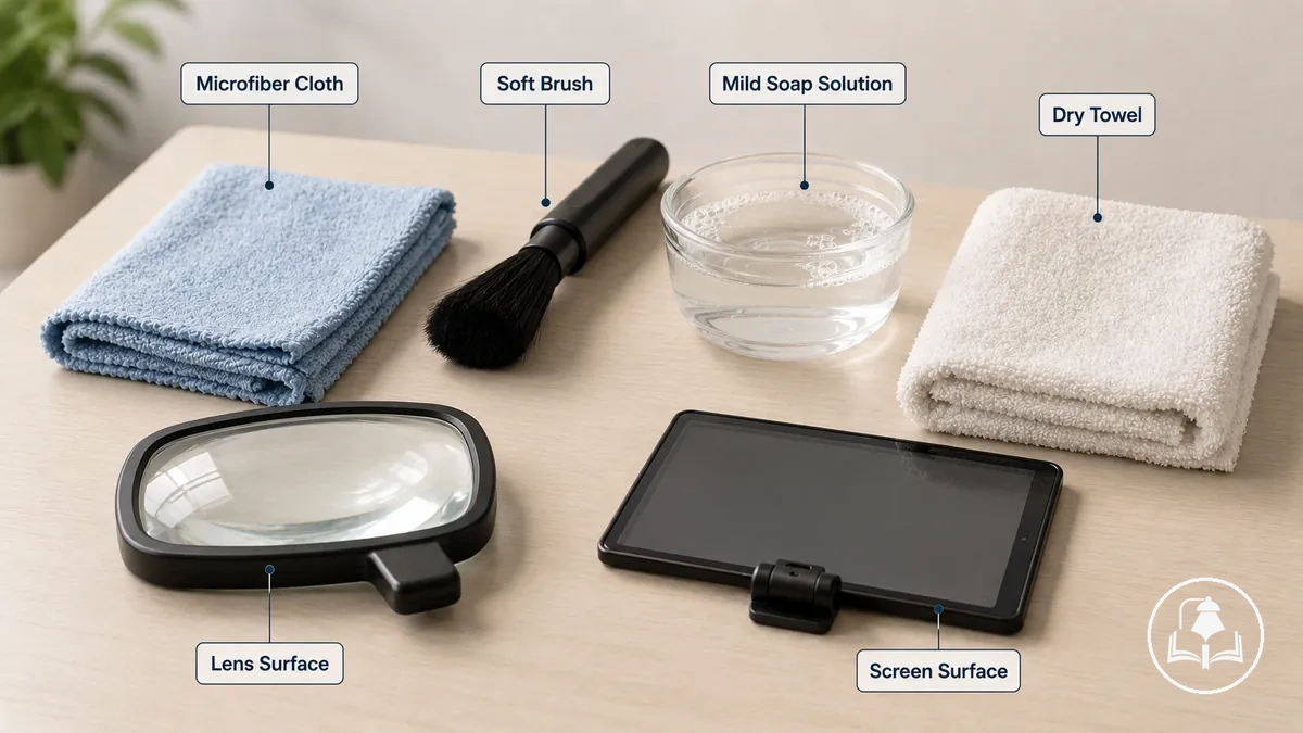 Outils de nettoyage sûrs pour les accessoires de lecture, incluant un chiffon en microfibre et une brosse douce