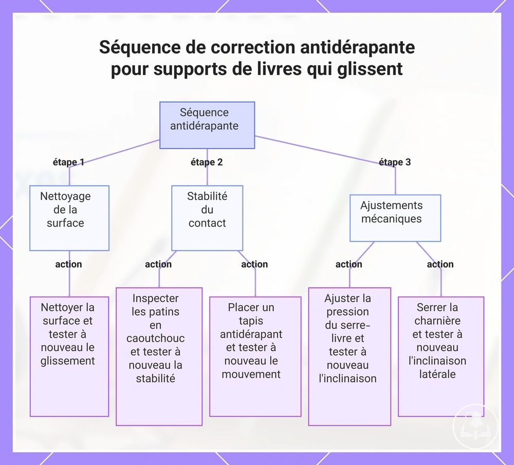 Séquence de correction antidérapante pour supports de livres qui glissent