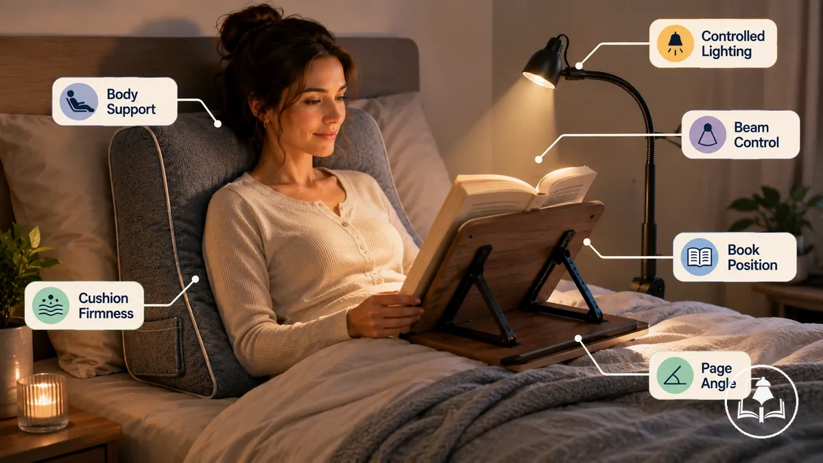 Soutien du corps, position du livre et éclairage contrôlé dans une configuration de lecture au lit