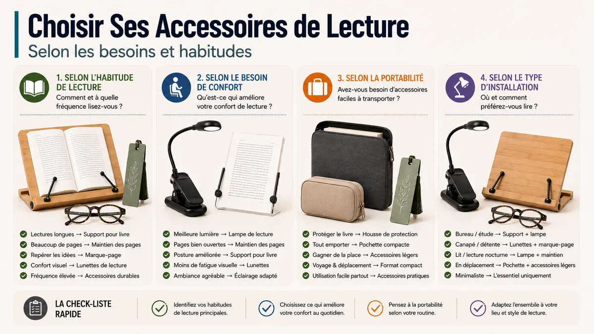 Accessoires de lecture regroupés selon l’habitude de lecture, le besoin de confort, la portabilité et le type d’installation