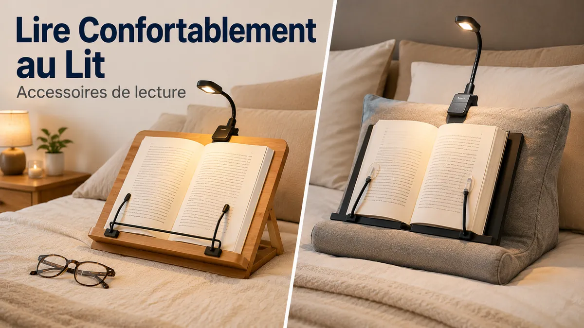 Installation de lecture au lit avec accessoires de lecture mains libres pour soutenir le livre confortablement
