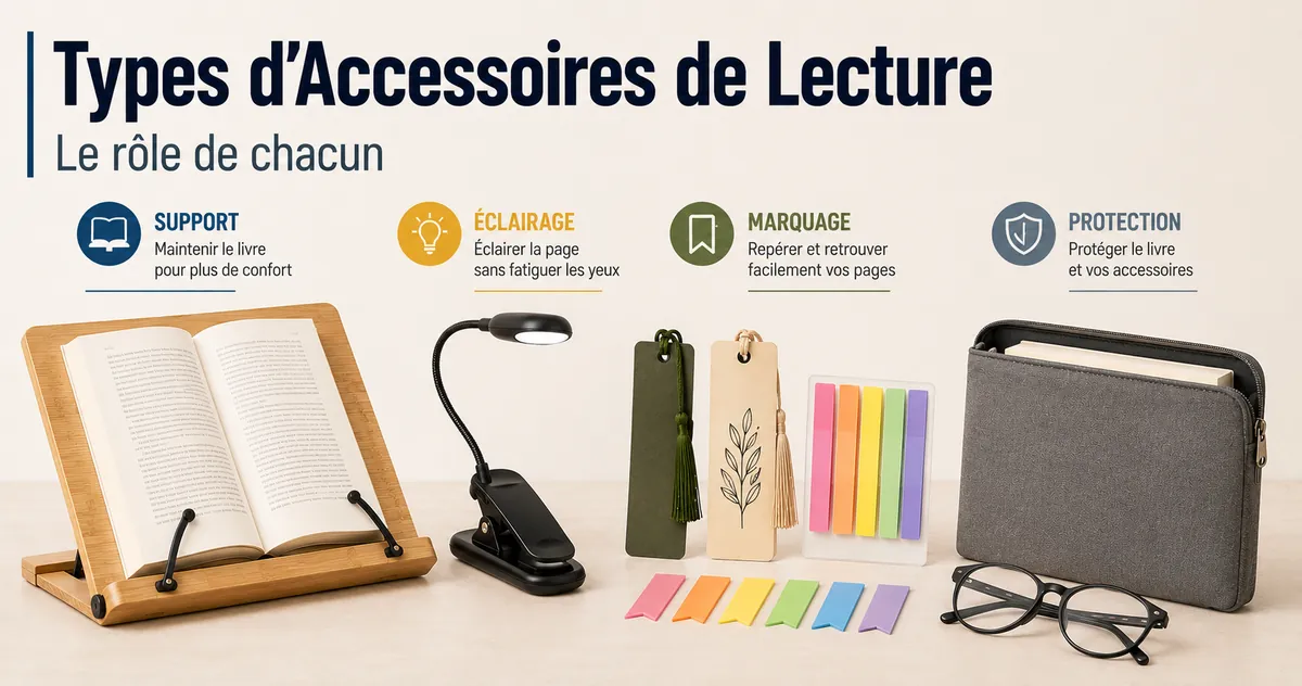 Types d’accessoires de lecture classés par fonction, dont support, éclairage, marquage et protection