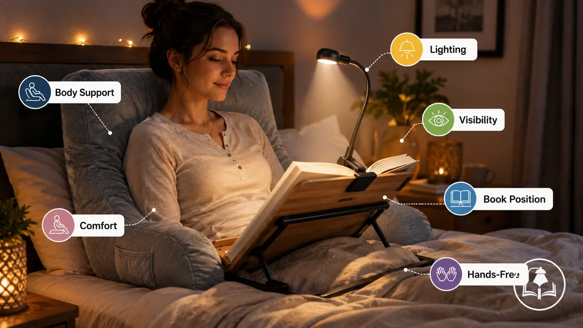 Configuração de leitura na cama mostrando suporte, posicionamento do livro e iluminação direcionada