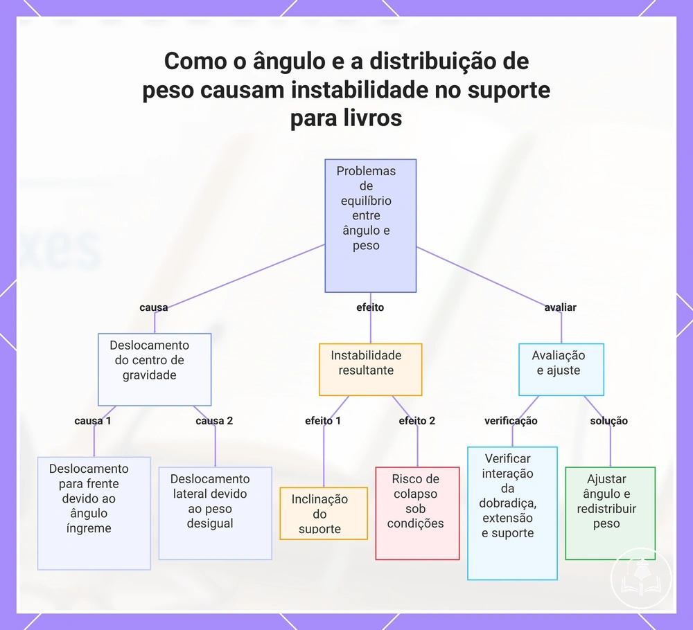 Como o ângulo e a distribuição de peso causam instabilidade no suporte para livros
