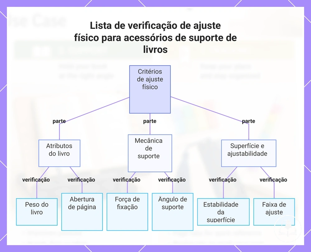 Lista de verificação de ajuste físico para acessórios de suporte de livros