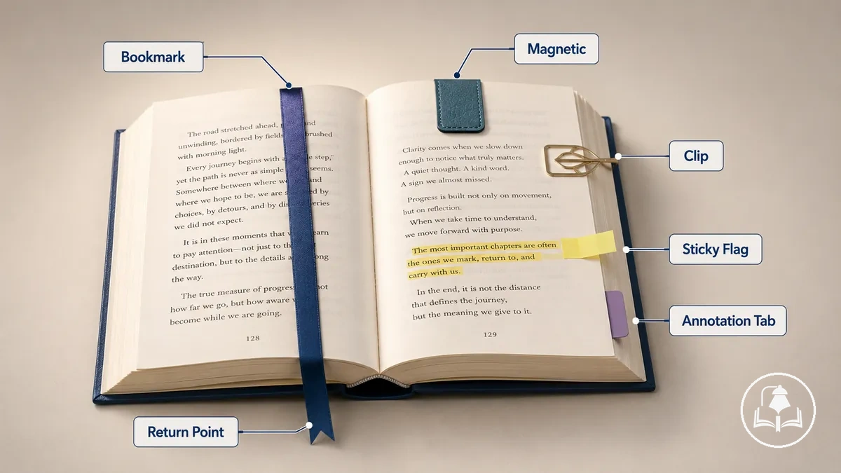 Marcadores de livros, clipes marcadores de página e abas de anotação exibidos ao lado de páginas abertas de livro