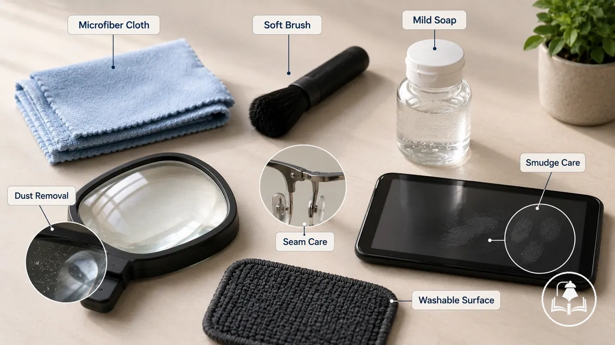 Pano de microfibra, escova macia e sabão neutro usados para limpeza suave de acessórios de leitura