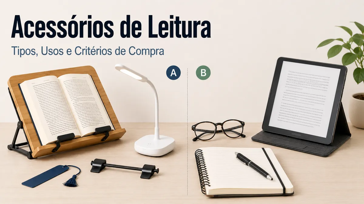 Arranjo organizado de acessórios de leitura para escolher e comparar diferentes formas de ler