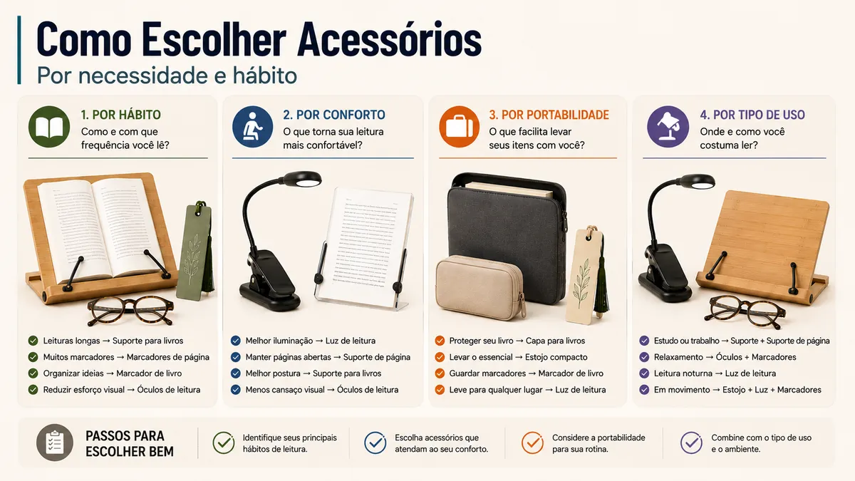 Acessórios de leitura agrupados por hábito, conforto, portabilidade e tipo de uso