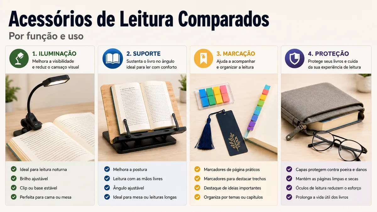 Acessórios de leitura comparados por função, com opções de iluminação, suporte, marcação e proteção