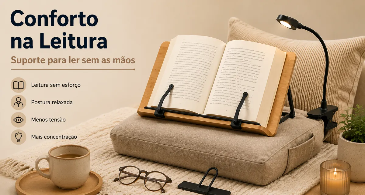 Acessórios de leitura voltados ao conforto, com suporte para ler sem segurar o livro