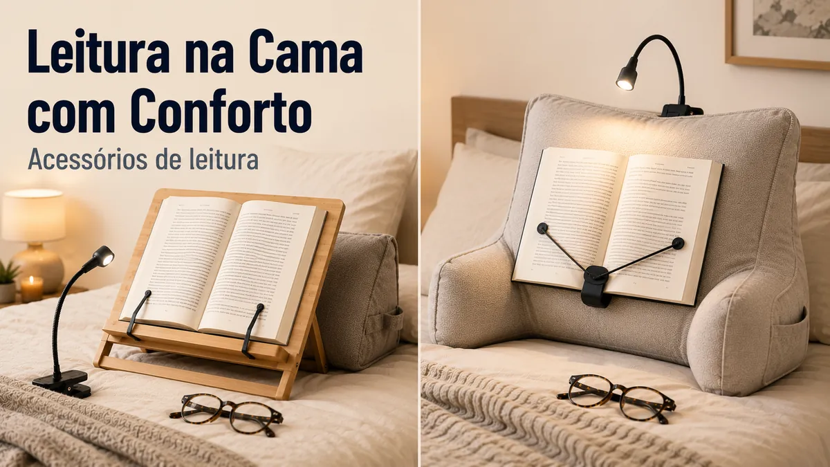 Configuração para ler na cama com acessórios de leitura que ajudam a apoiar o livro com conforto