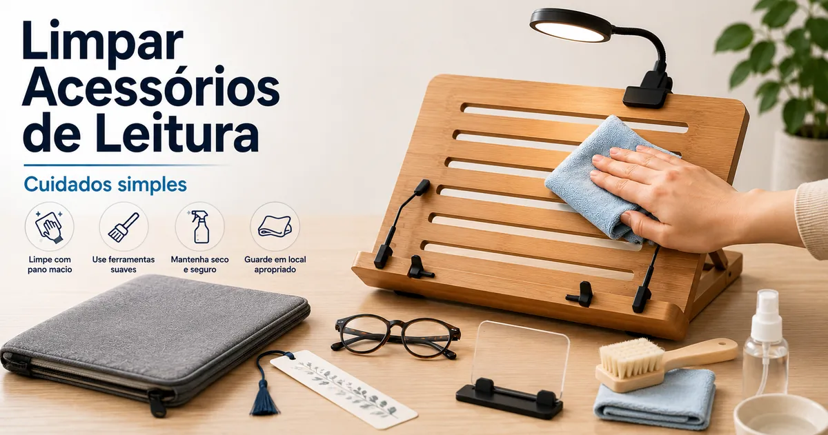 Acessórios de leitura limpos e cuidados com pano macio e itens simples
