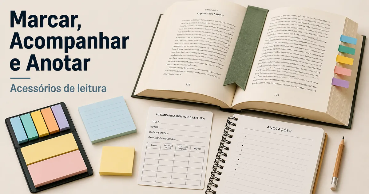 Acessórios para marcar páginas, acompanhar o progresso de leitura e fazer anotações ao lado de um livro aberto