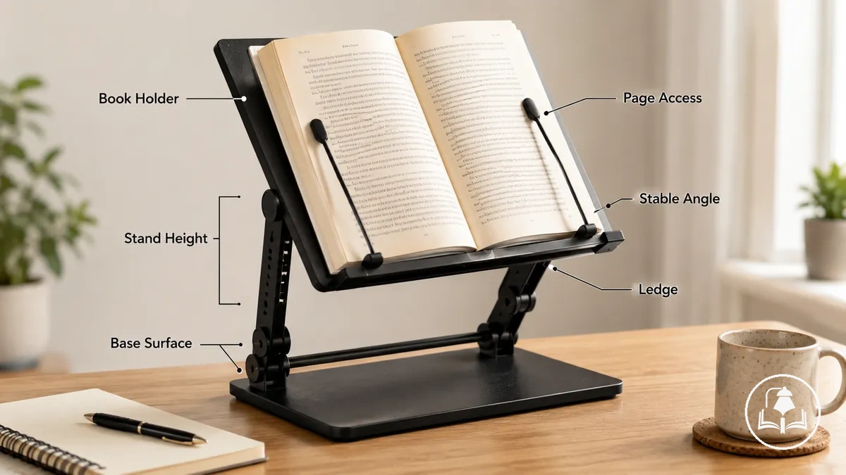 Bir kitabı sabit bir açıda destekleyen kitap tutucular ve ayarlanabilir okuma sehpaları