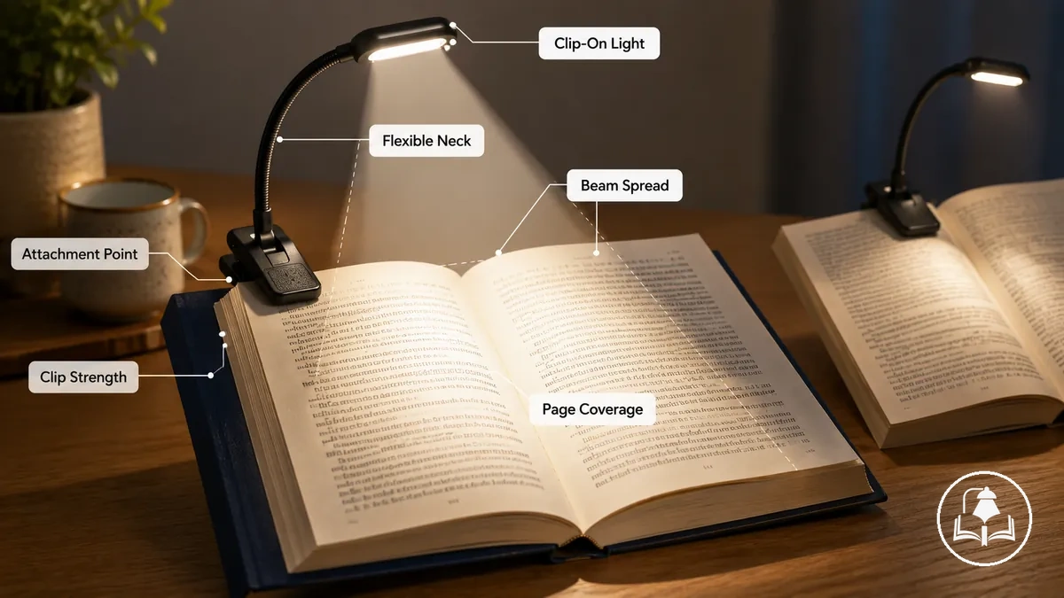 Bir kitaba takılmış ve sayfayı aydınlatan klipsli kitap lambası.