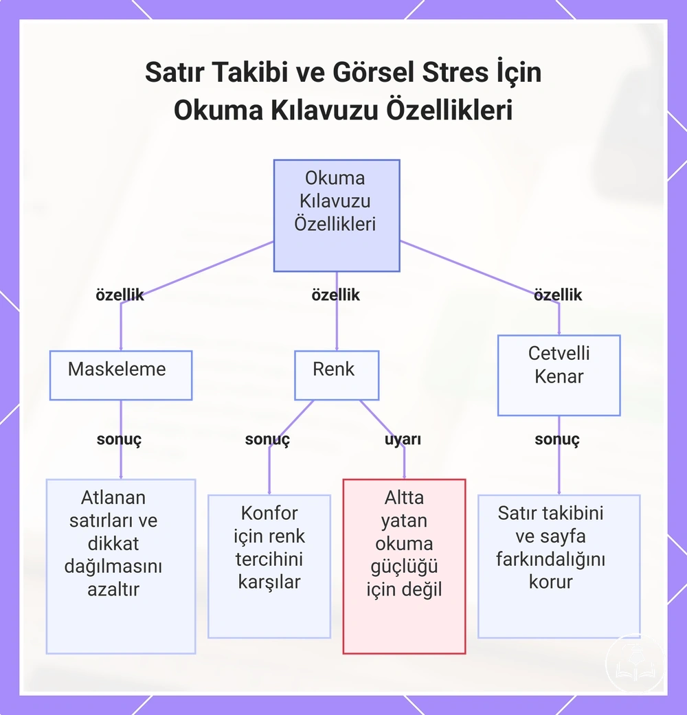 Satır Takibi ve Görsel Stres İçin Okuma Kılavuzu Özellikleri