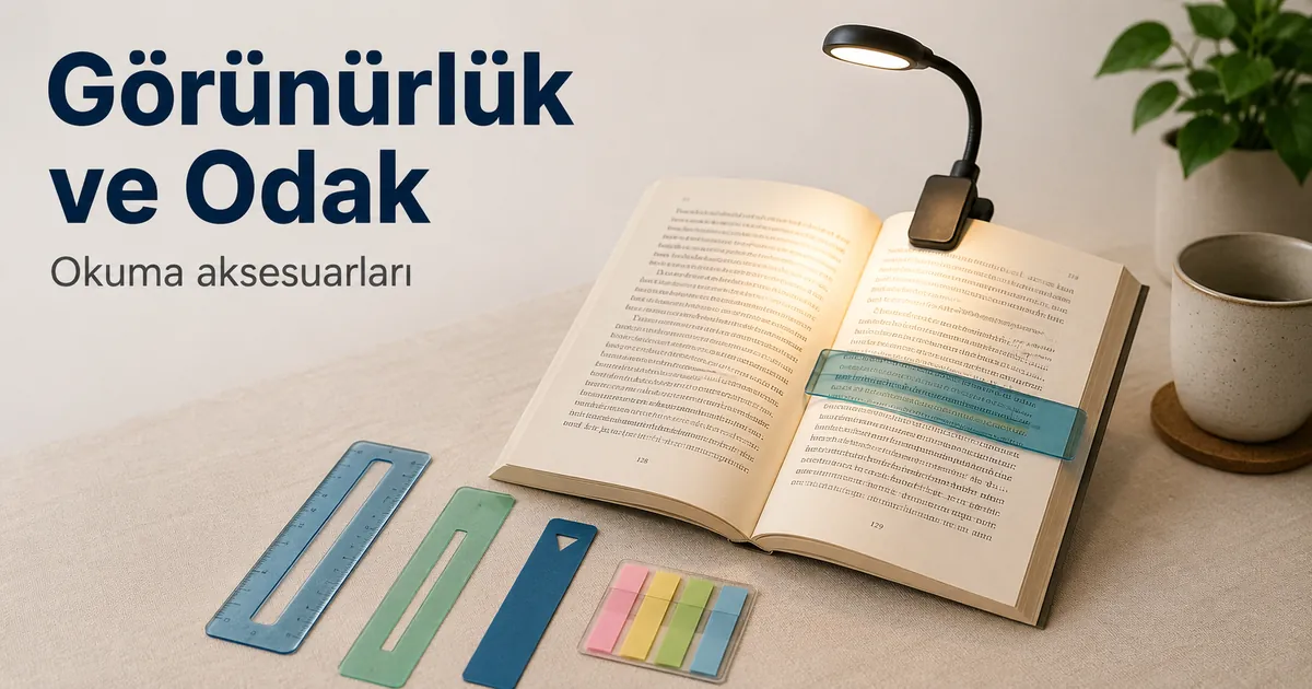 Kitap ışığı ve satır takip araçlarıyla sayfayı daha net görmeye yardımcı okuma aksesuarları