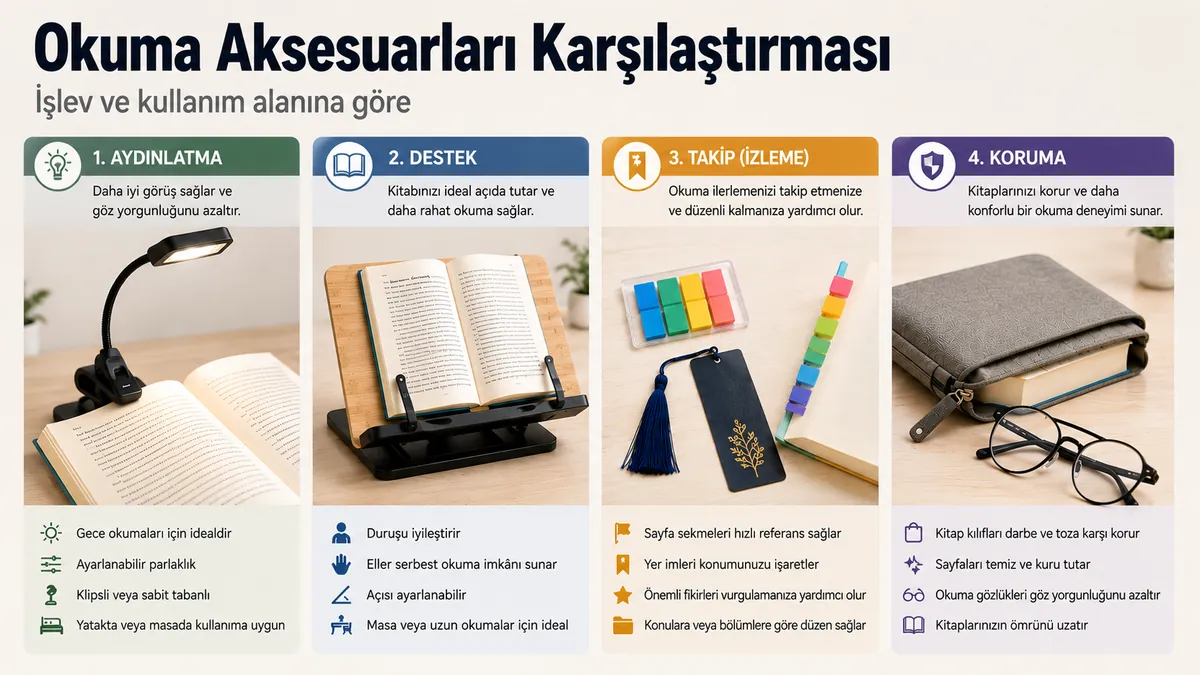Aydınlatma, destek, takip ve koruma seçenekleriyle işlevlerine göre karşılaştırılan okuma aksesuarları