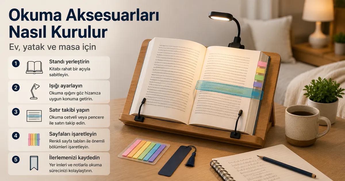 Evde okuma için destek, aydınlatma ve sayfa takibi araçlarıyla hazırlanmış pratik okuma aksesuarı kurulumu