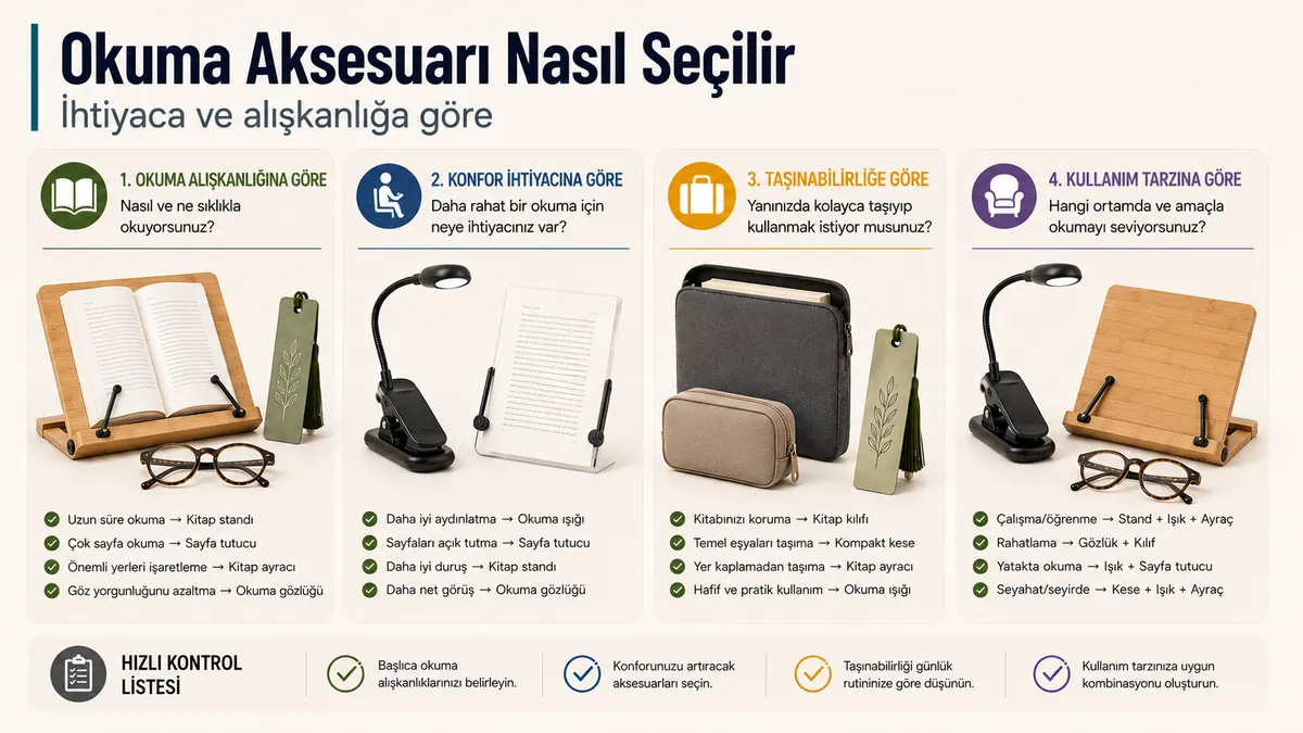 Okuma alışkanlığı, konfor ihtiyacı, taşınabilirlik ve kullanım şekline göre gruplanmış okuma aksesuarları